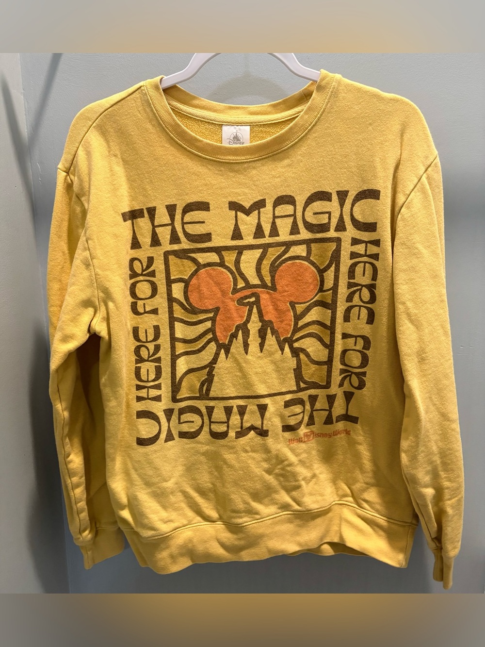 Disney Yellow Crewneck Sweatshirt with Orange & Brown Retro Graphic